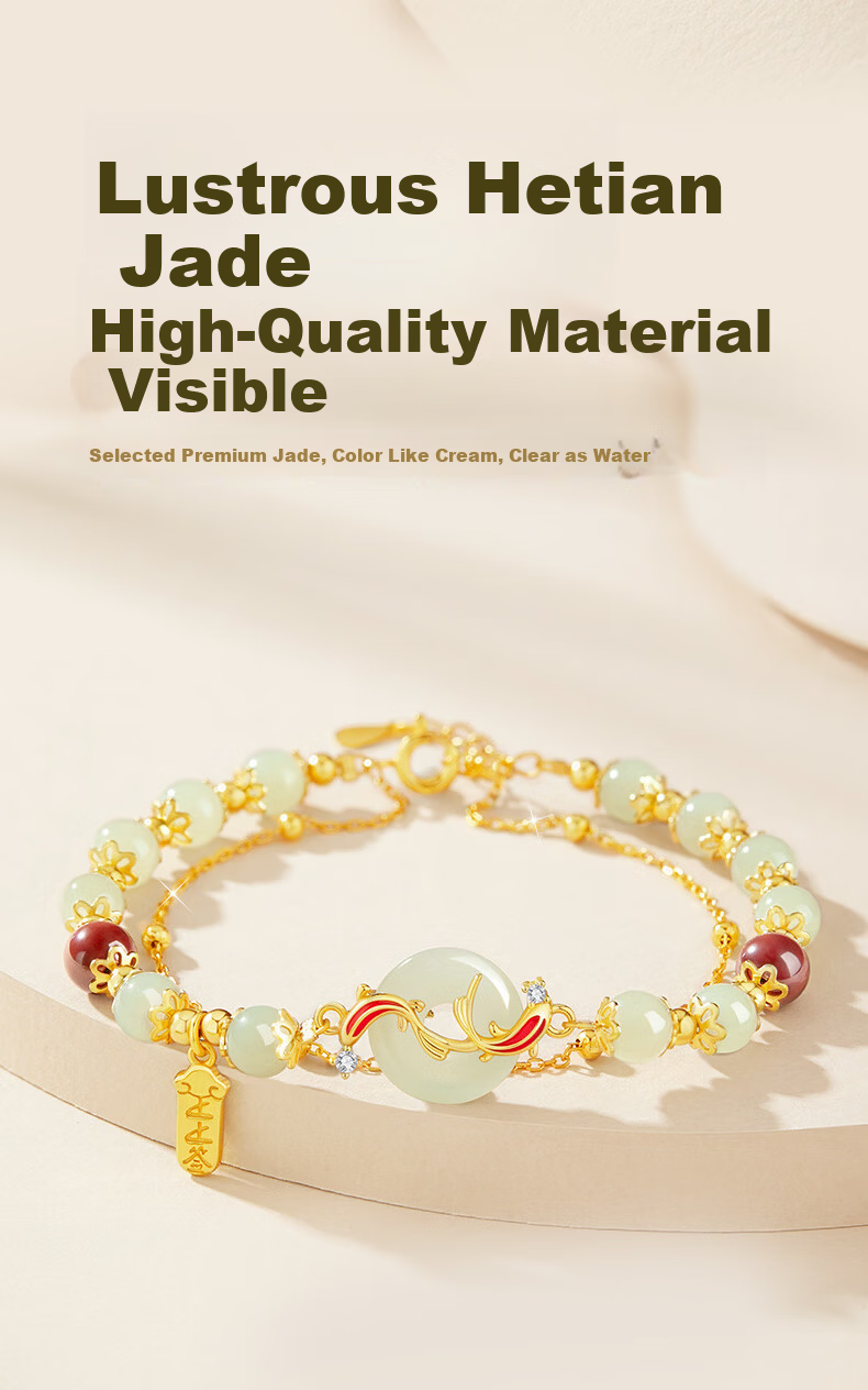 Zhenshangyin China Gold Koi Fish Safety Clasp Bracelet for Women, 2026 New Style Hetian Jade Beaded Bracelet, Birthday Gift for Girlfriend, S925 6