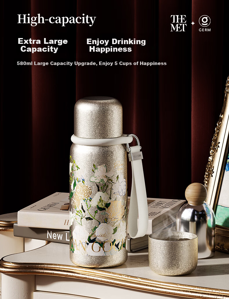 Germ Pure Titanium Insulated Thermos Van Gogh Collaboration Temperature Display Water Bottle Women's Direct Drinking Tea Cup Gift Box 580ML Rose 7