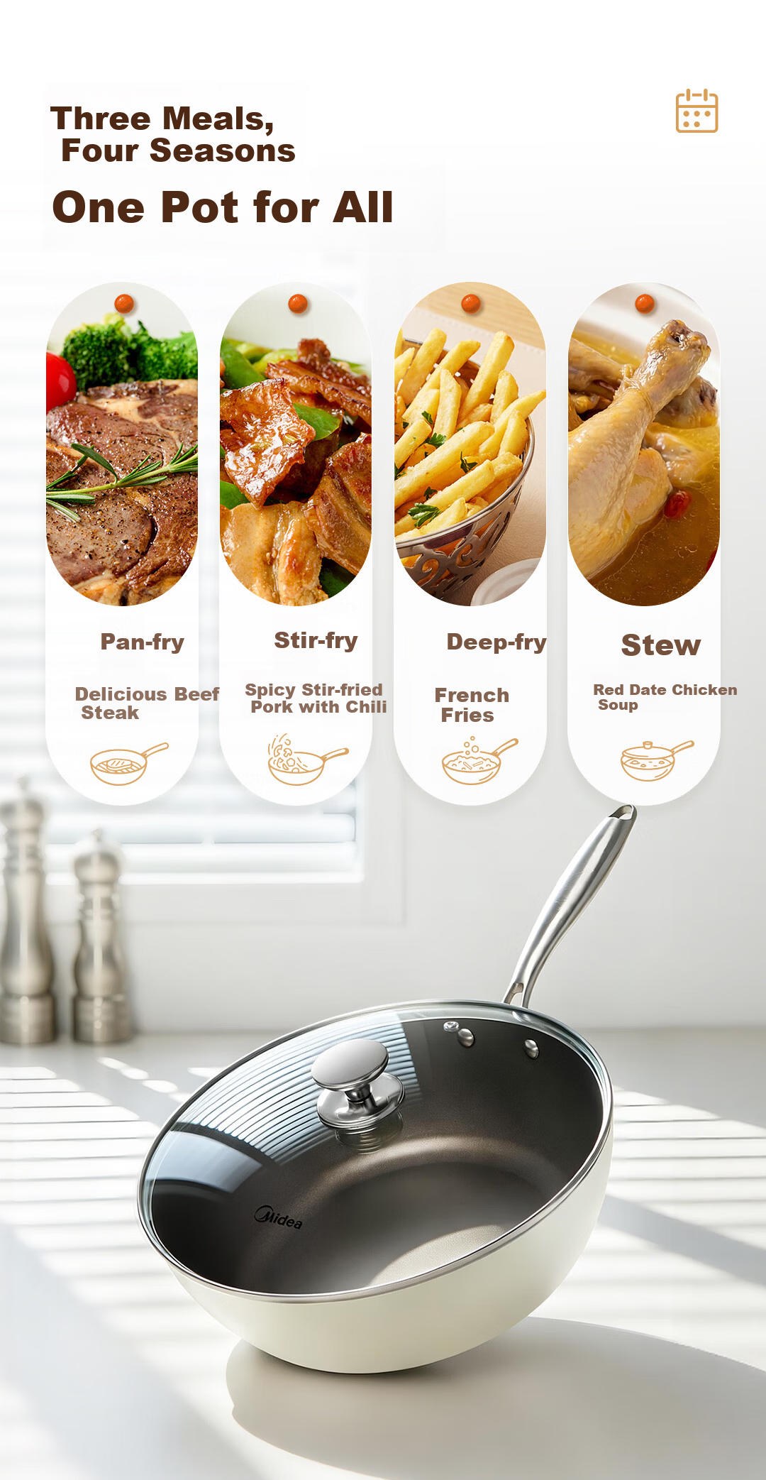 Midea Non-Stick Titanium Wok 30cm Flat Bottom Frying Pan Compatible with Induction Cooker 9