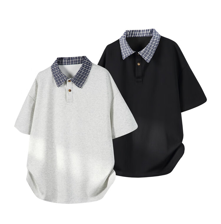 Dingfengbaoluo Men's Summer Polo Shirt Fake Two-Piece Plaid Shoulder Splicing Casual Short Sleeve NUO40 Black 2XL 3
