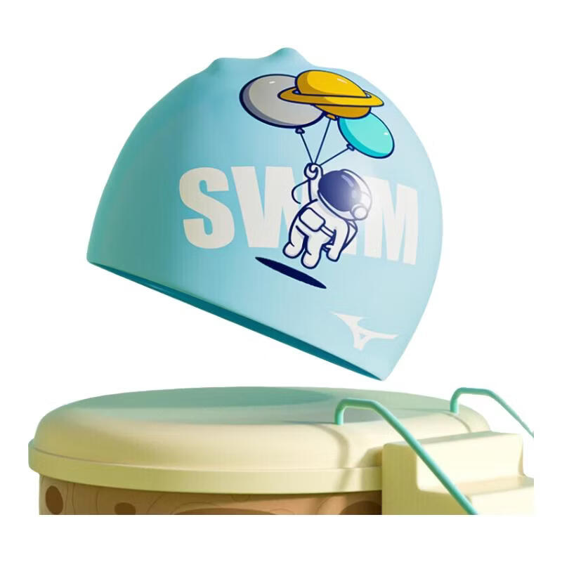 MIZUNO Children's Swim Cap for Boys, Silicone Non-Binding Cute Professional Waterproof Ear Protection Printed Swimming Cap N2CW2S04 Blue Space
