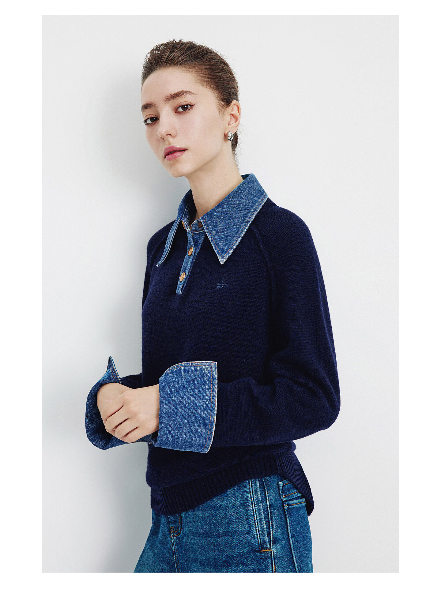 Navikail Italian Small Sailboat 25th Anniversary New Knit Sweater Women Loose Denim Patchwork Wool Sweater 2334015502 33
