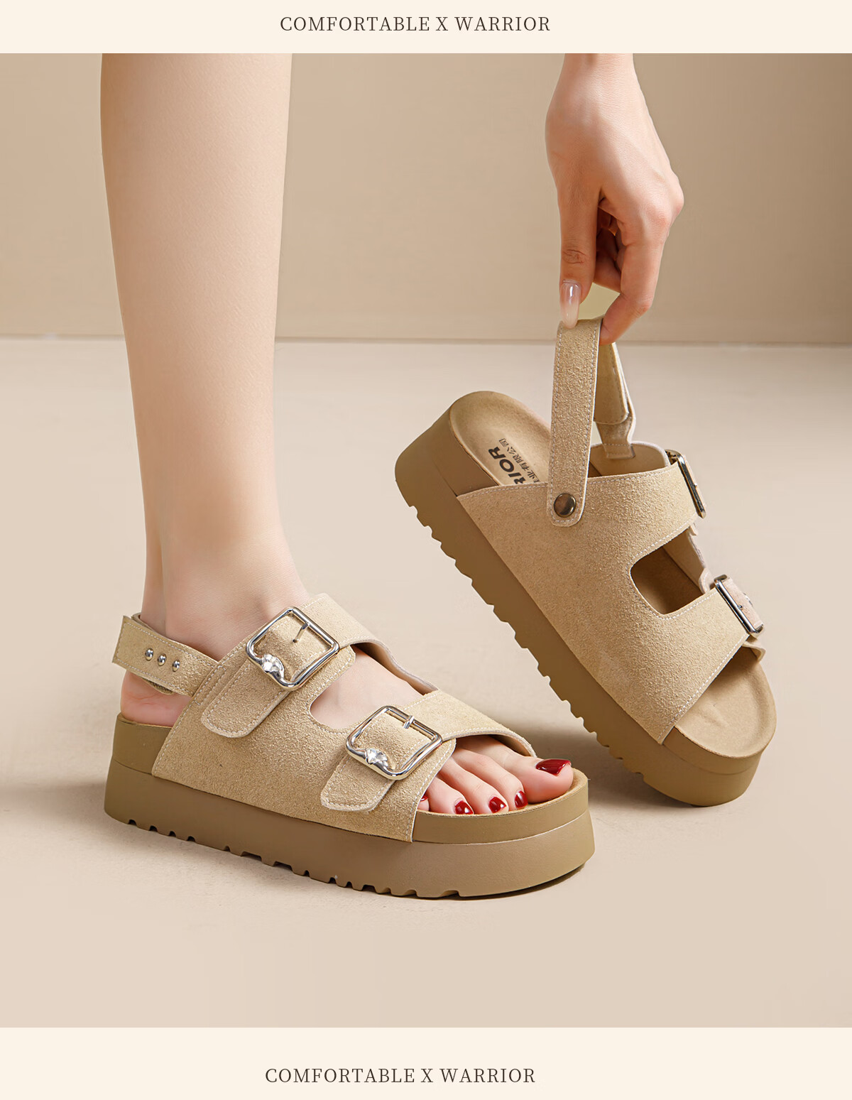 Warrior Thick Sole Birkenstock Style Women's Summer New Casual Sandals Height Increasing Comfortable Beach Shoes Apricot 35 16