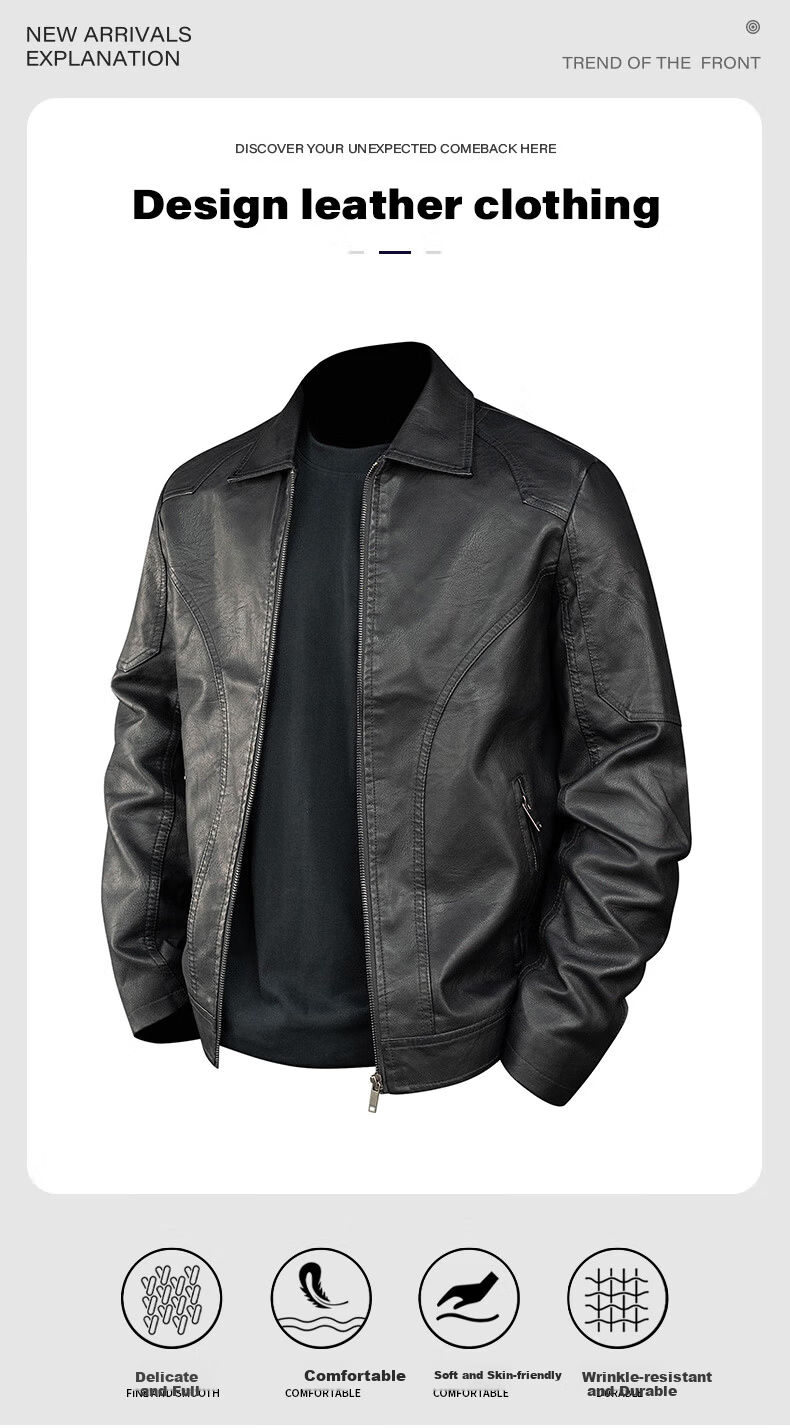 Jeanswest Men's Spring Business Casual Simple Lapel Solid Color PU Jacket Trendy Stylish Youth Outerwear 3