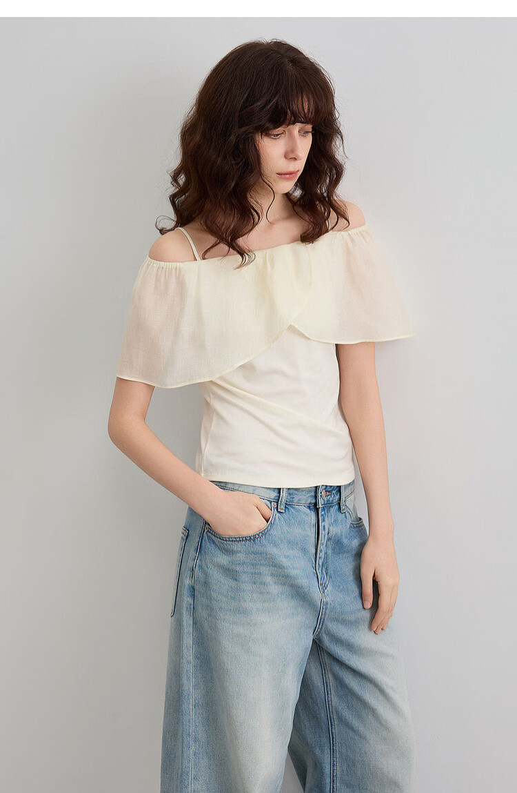 Demana [with Lyocell] Summer Sweet Style Patchwork Ruffle Spaghetti Strap Sleeveless Slim Fit Elegant Slimming Women's T-Shirt 15