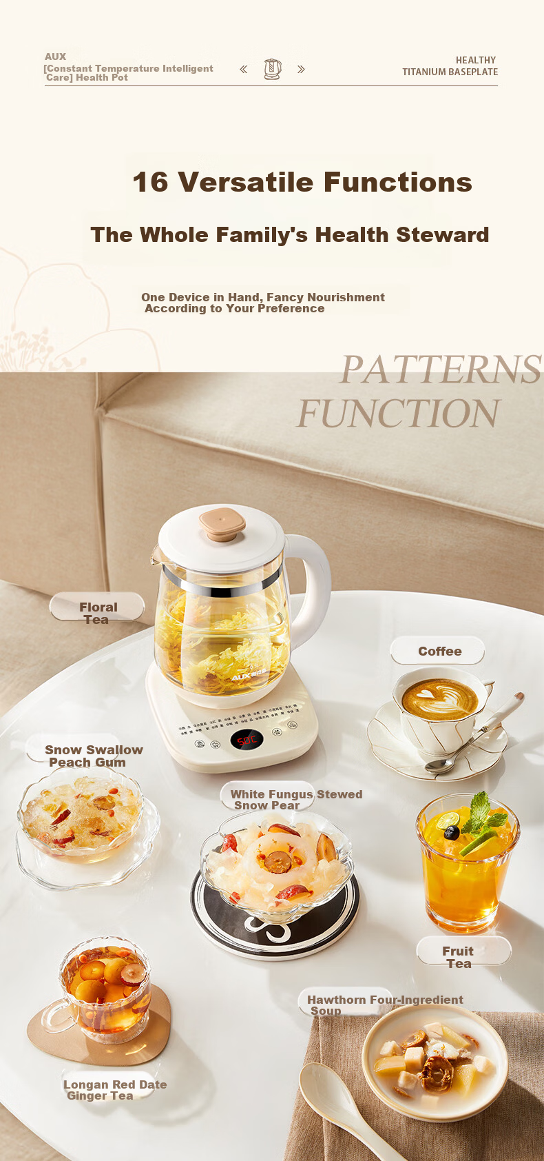 AUX 1.5L Automatic Health Pot Electric Tea Kettle 24H Reservation Multi-Function Smart Temperature Control Flower Tea Maker with 316 Base 6
