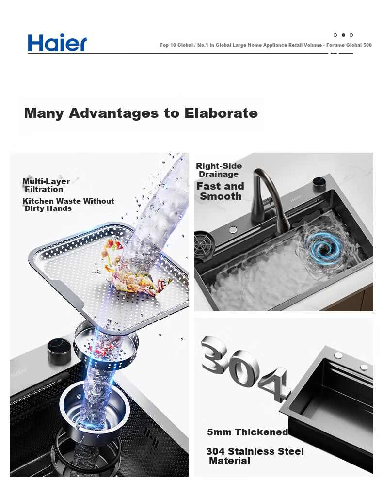 Haier Large Single Bowl Kitchen Sink Thickened 304 Stainless Steel Sink with Strainer and Drain Basket Waterfall Dishwashing Basin 2