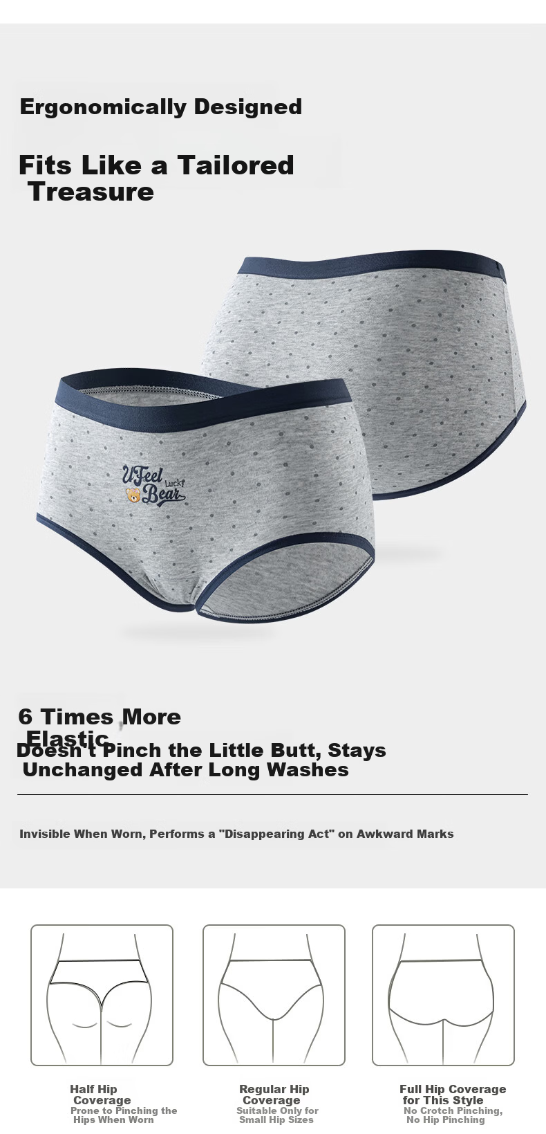 UFEEL Cotton Gusset Bear Print Girls' Underwear 2XL 140-160 Jin Striped Bear + Light Heather Gray + Polka Dot Bear 3-Pack 12