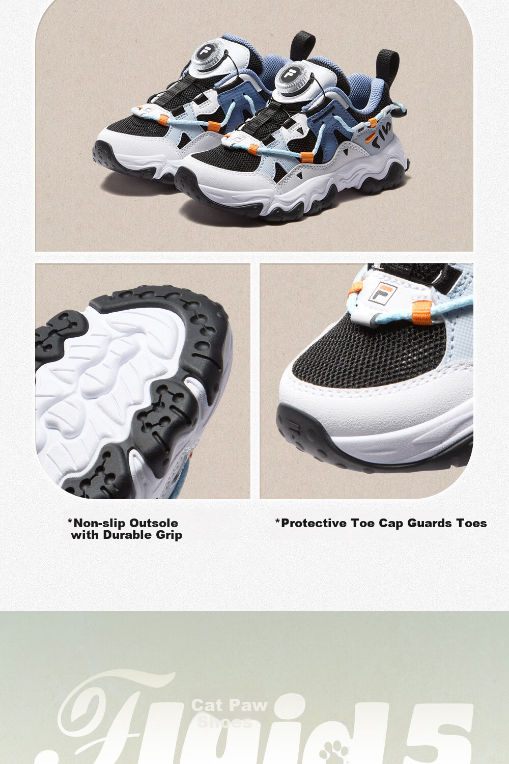 FILA Kids Running Shoes 2026 Summer Retro Cat Paw Sneakers for Boys and Girls 12