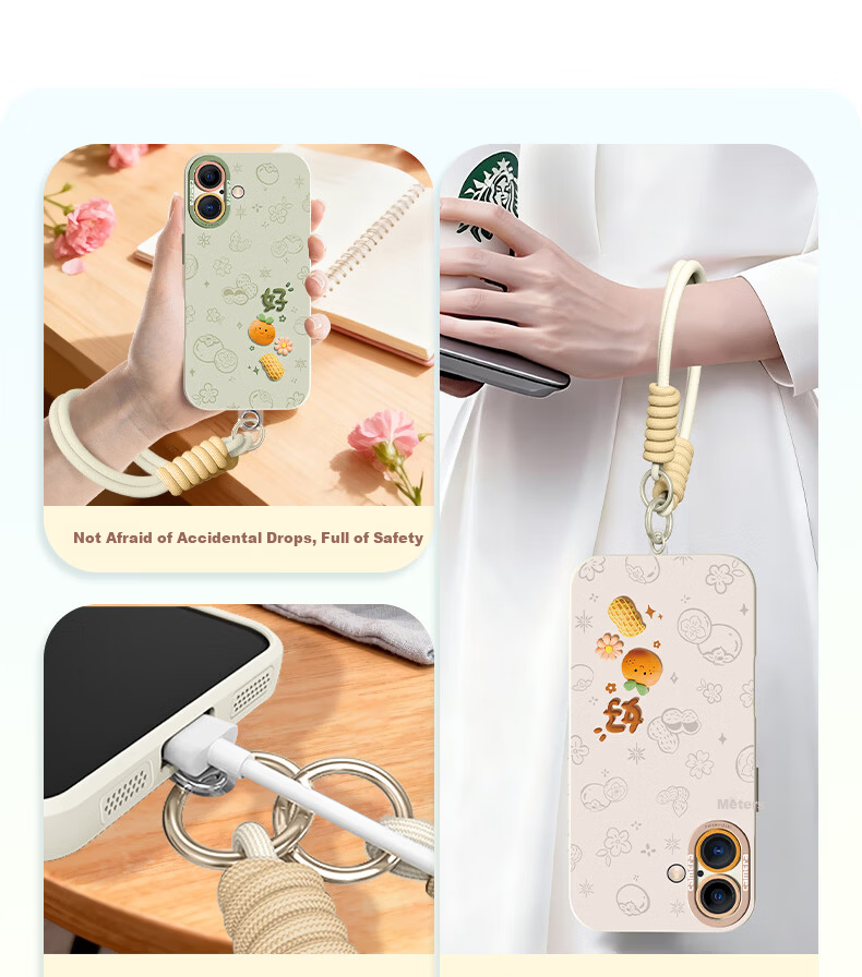 Kelimann Full-Coverage Silicone Soft Case with Lens Protection for iPhone 17, Shockproof, Heat-Dissipating, Ultra-Thin, Cute Cartoon Design with Lanyard, Unisex - Antique White Good Persimmon Peanut 3