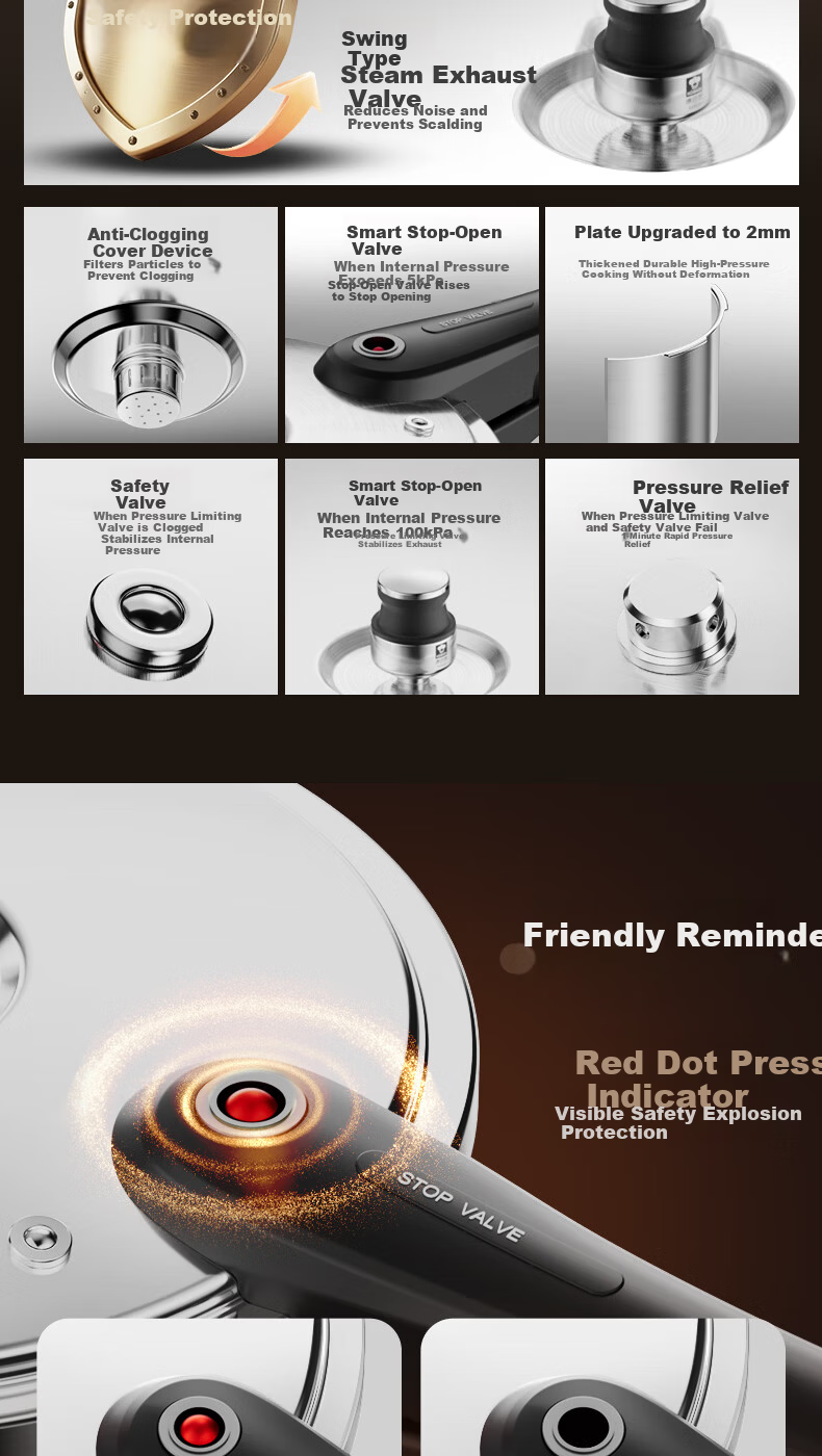 KBH 304 Stainless Steel 6L Pressure Cooker 22cm Steamer Fast Cooking Explosion-Proof High Pressure Pot Compatible with Gas and Induction Cookers 6