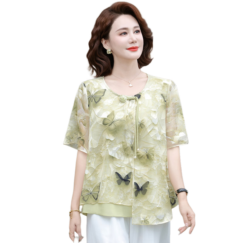 Hodo Middle-aged Mom Summer Chiffon Shirt Thin Summer Set Middle-aged and Elderly Fashion Women's Short Sleeve Top Two-piece Set
