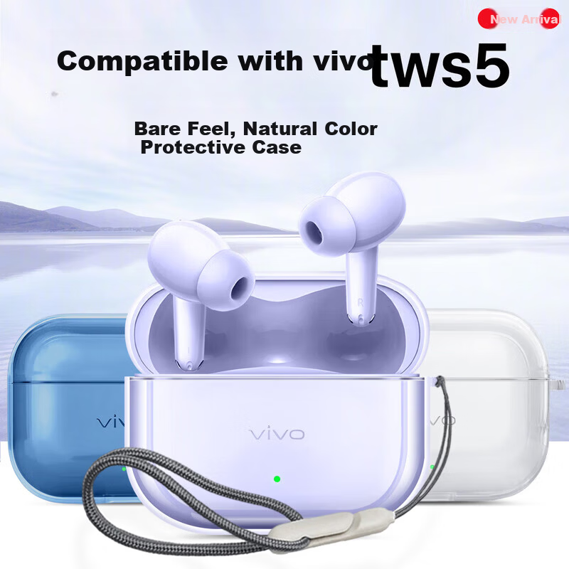 ESCASE Compatible with vivo TWS5 Protective Case iQOO TWS5 Transparent Bluetooth Earphone Storage Box TPU Soft Full-Cover Shockproof Ultra-Thin Case Transparent with Lanyard 1