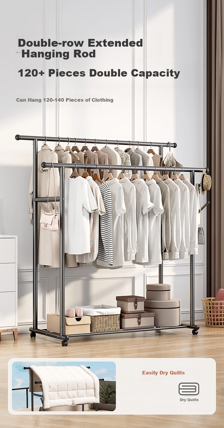 JD Jingzao Double Row Clothes Rack Mobile Floor Standing Clothes Hanger 1.3m Gun Gray for Bedroom and Balcony 9