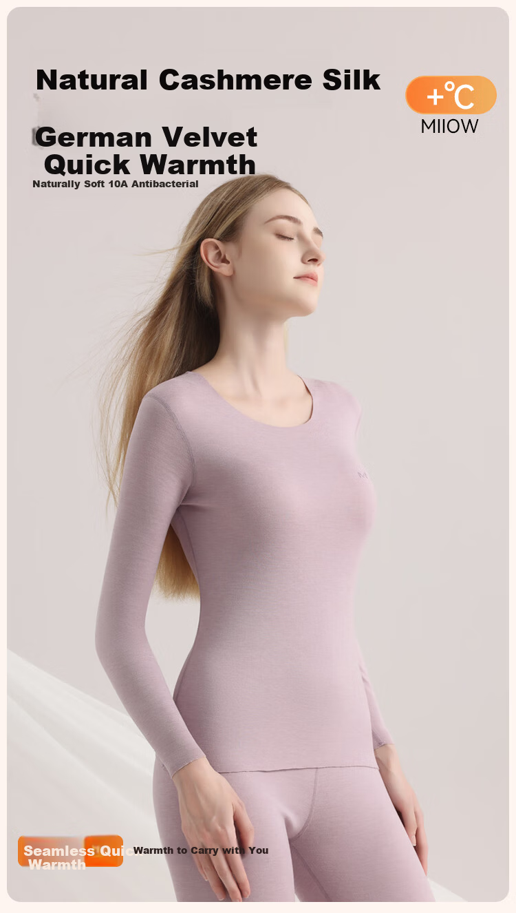 MiiOW Women's Thermal Underwear Set with Cashmere Silk, Seamless Heat-Generating Slim-Fit Autumn Top And Bottom, Skin Color, Size M 1