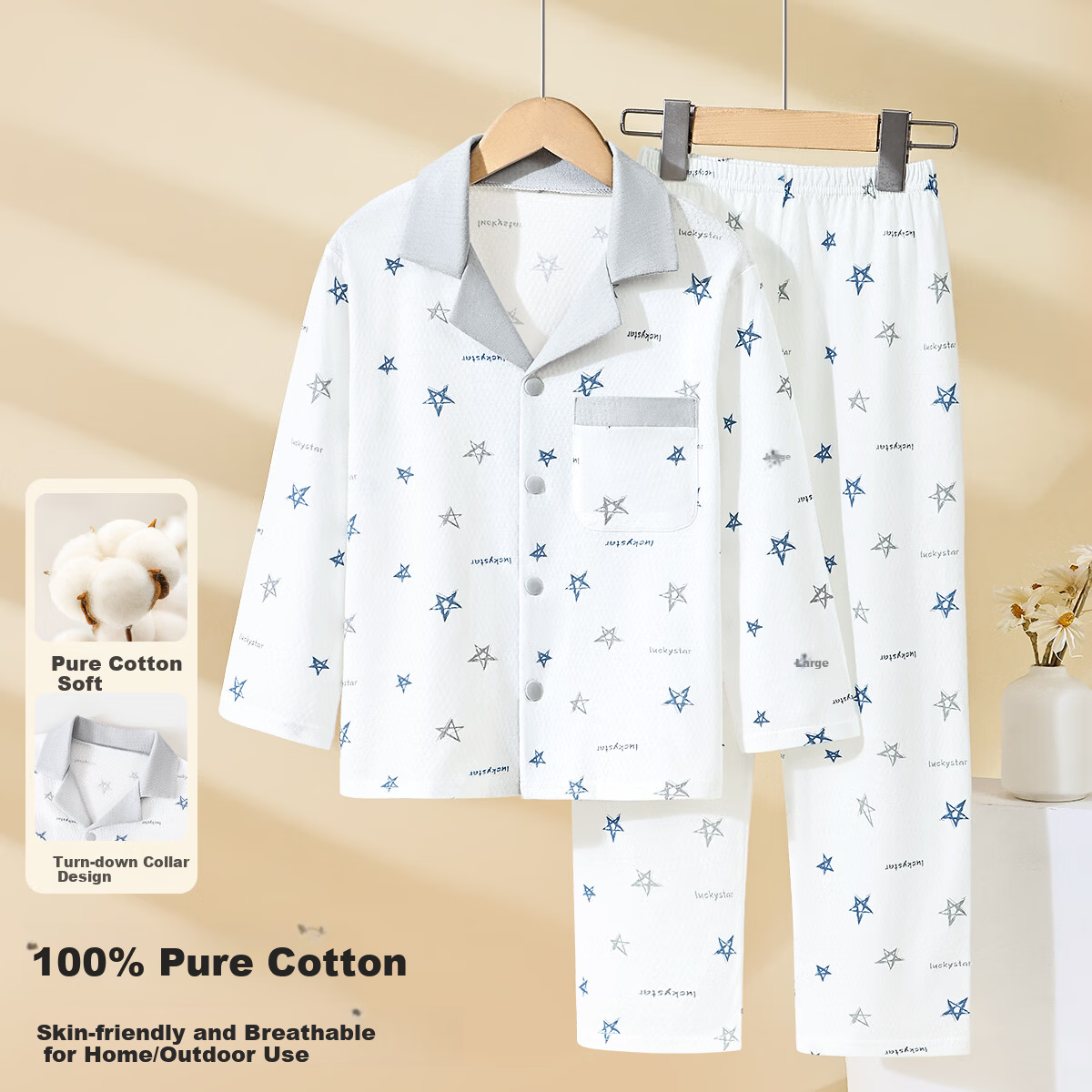 Yiershuang Boys' Cotton Mesh Long Sleeve Pajama Set Spring Summer Kids' Homewear for Older Boys and Teenagers Air-Conditioned Clothing