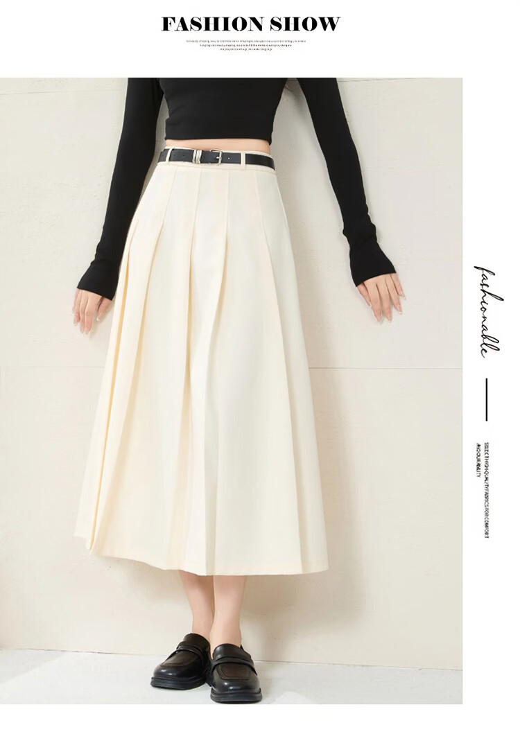 TUCANO Women's High-Waist A-Line Skirt, Mid-Length, Slimming, Simple Versatile Pleated Skirt, Off-White, XL 20