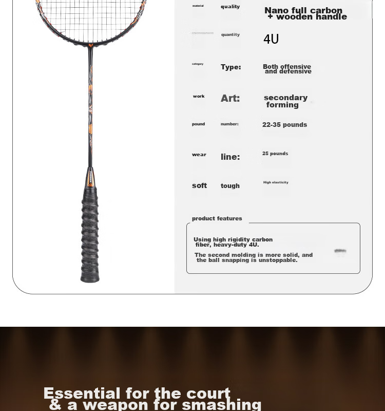Yodiman Secondary-Shaped Black Gold Badminton Racket, 4U Full Carbon V8 Single Racket (Pre-Strung) 6