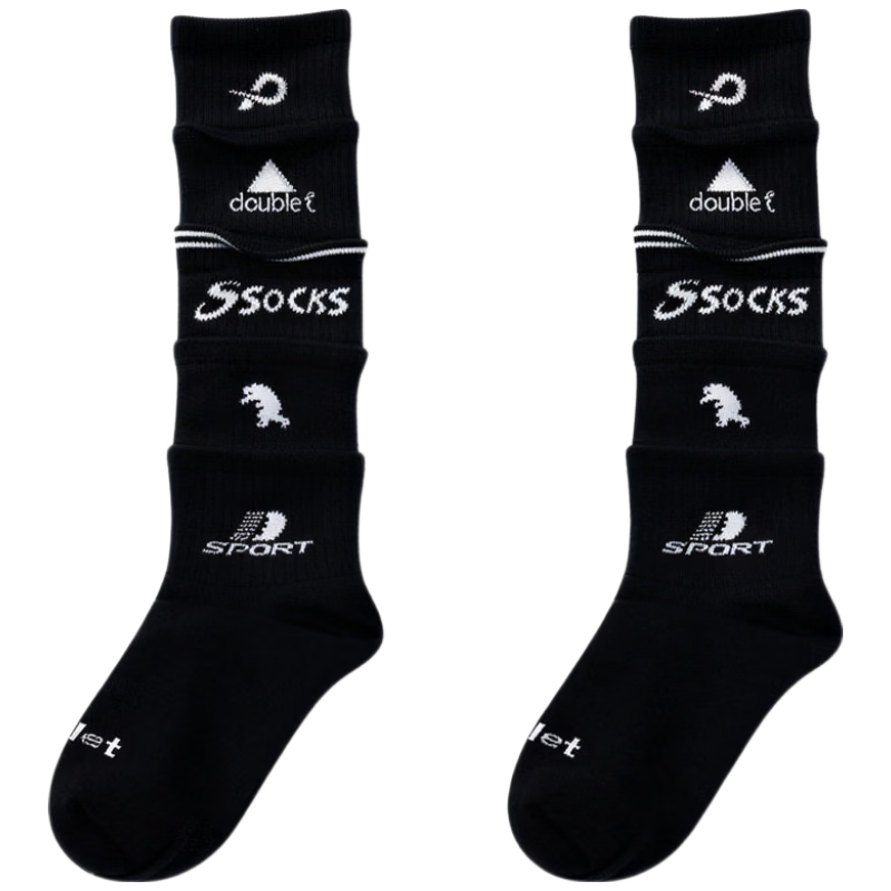 Duweike Sports Socks Football Skateboarding American Retro Letter Trendy Multi-layer Calf Pushing Long Tube Socks Black