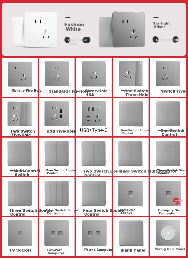 DELIXI CD821 Series 16A Three-Prong Air Conditioner Socket Star Silver Large Panel Switch Socket Panel 2