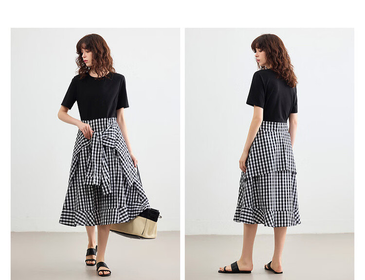 Demana Faux Two-Piece Style Summer Urban Casual Plaid Patchwork Round Neck Waist-Slimming Mid-Length Dress for Women 10