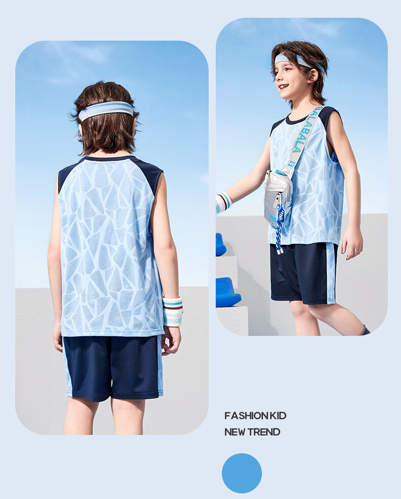 Mark Fairwhale Kids Boys Summer Outfit 2026 New Children's Sports Quick-Dry Two-Piece Basketball Set Blue 140 15