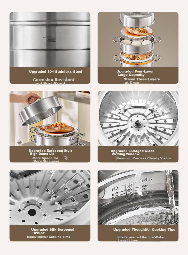 Joyoung 26cm 304 Stainless Steel Multifunctional Steamer for Induction Cooker and Gas Stove, Wooden Steamer Pot, Home Use 2