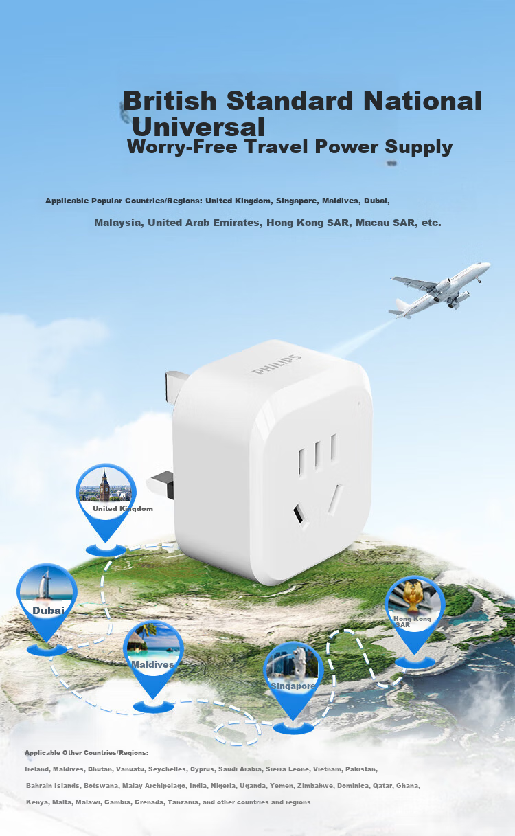 PHILIPS 30W Fast Charging UK Plug Power Strip Adapter British Hong Kong Singapore Dubai Malaysia 3-Socket 1.5m with USB 3