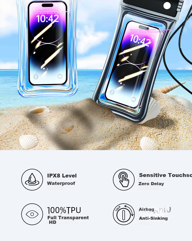Beiyipin Transparent Waterproof Phone Pouch Touchscreen Swimming Beach Floating Water Park Sealed Lanyard Airbag Phone Case Neck Hanging Waterproof Rainproof Hot Spring Deep Diving Sealed Bag 4