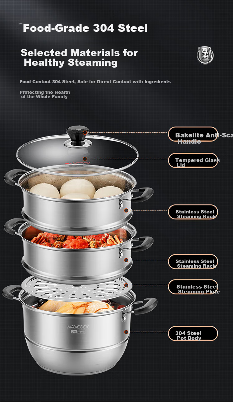 MAXCOOK 26cm Double-Layer 304 Stainless Steel Steamer Pot Thickened Household Steaming and Cooking Soup Pot for Gas Stove and Induction Cooker MCZ4253 1