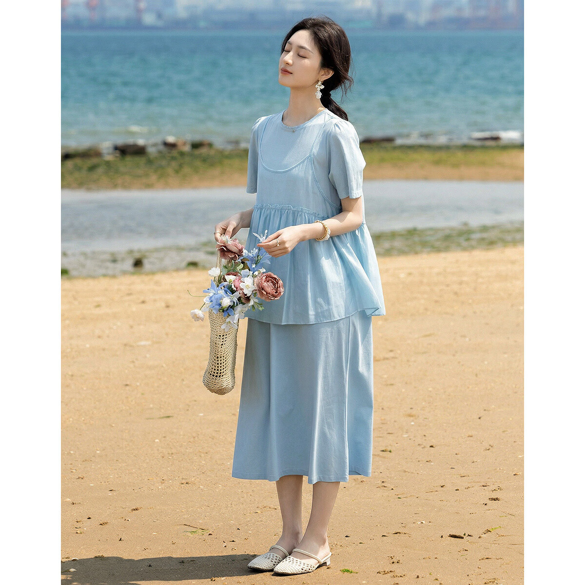 Demana [Cooling Black Technology Sorona] Summer Fake Two-Piece Round Neck A-Line Slim Fit Dress for Women Premium Feel 13