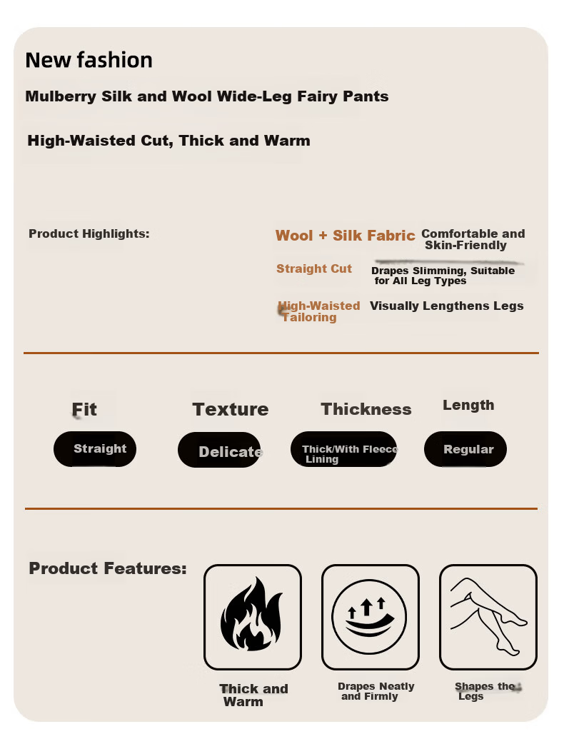 Langsha Spring Women's Pants Mulberry Silk Wool Wide-Leg Thick High-Waist Straight Casual Trousers 2