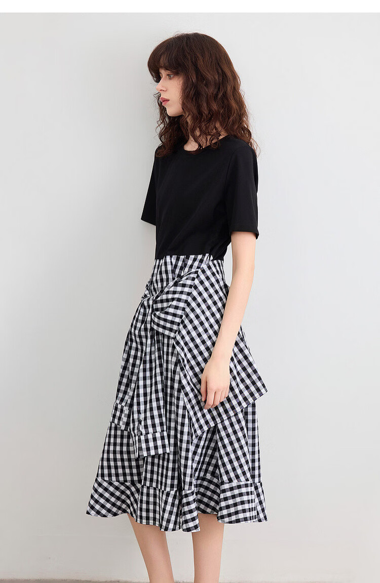 Demana Faux Two-Piece Style Summer Urban Casual Plaid Patchwork Round Neck Waist-Slimming Mid-Length Dress for Women 17