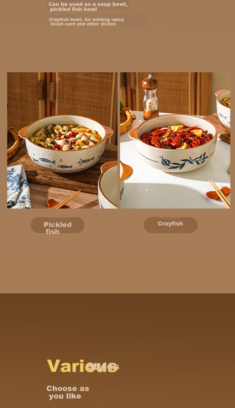 Shelly Vintage Ceramic Double-Handled Bowl Chinese Style Large Soup Bowl for Home Sauerkraut Fish and Spicy Hot Pot High-Temperature Underglaze Color Tableware 9