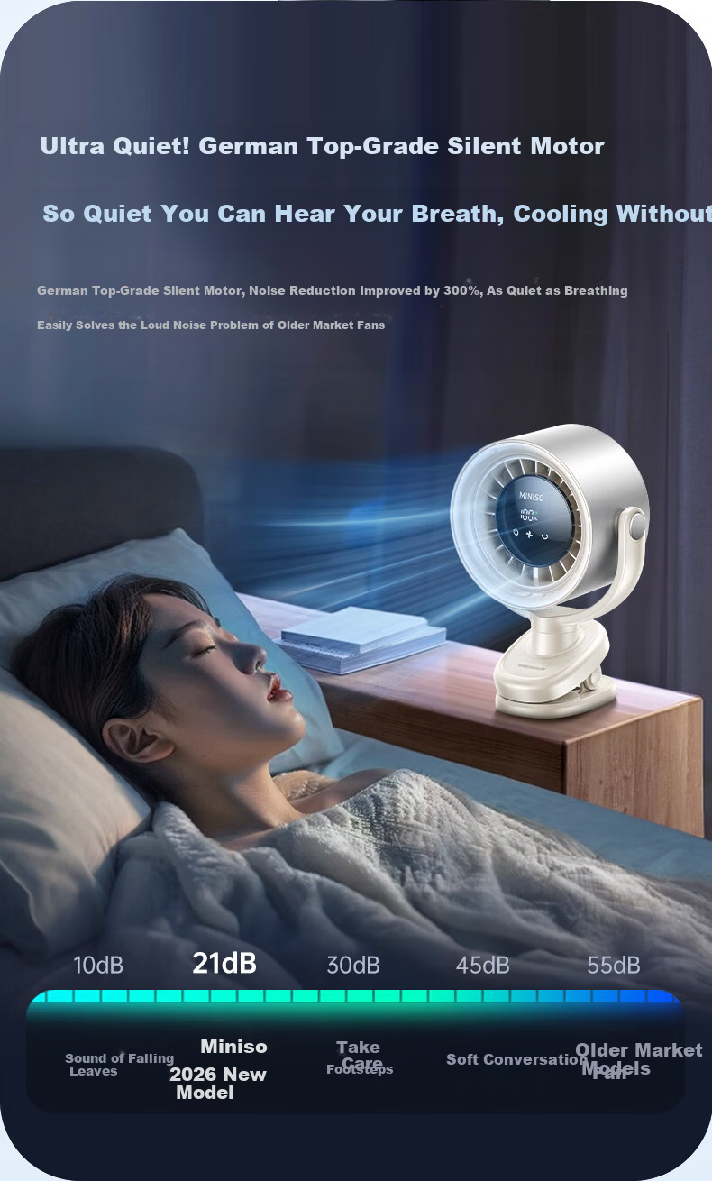 MINISO Desktop Fan, Small Plug-In Fan, Compact Rechargeable Fan with Long Battery Life, Powerful Cooling Device for College Dorms And Bedrooms, Oscillating Head, Timer Function, Safe And Quiet Operatio 13