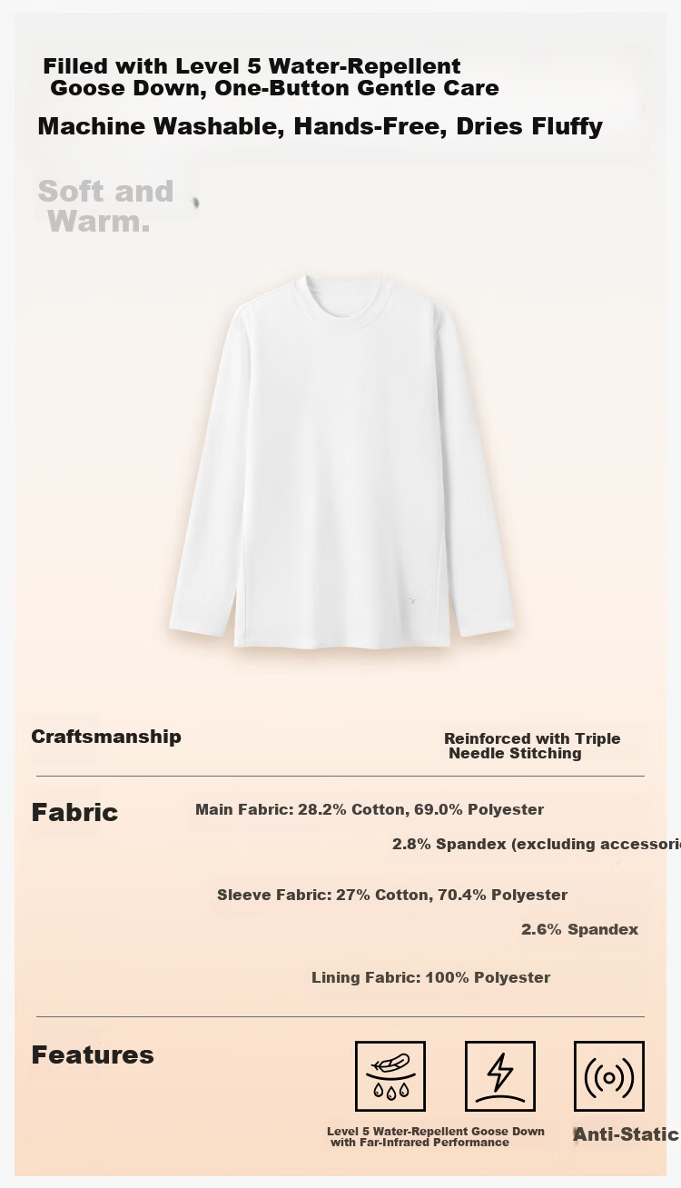 Thumb White Small T [Machine Washable Water-Repellent Goose Down T] Autumn Winter Men's and Women's Down Warm T-Shirt Base Layer Men's Bright White L 3