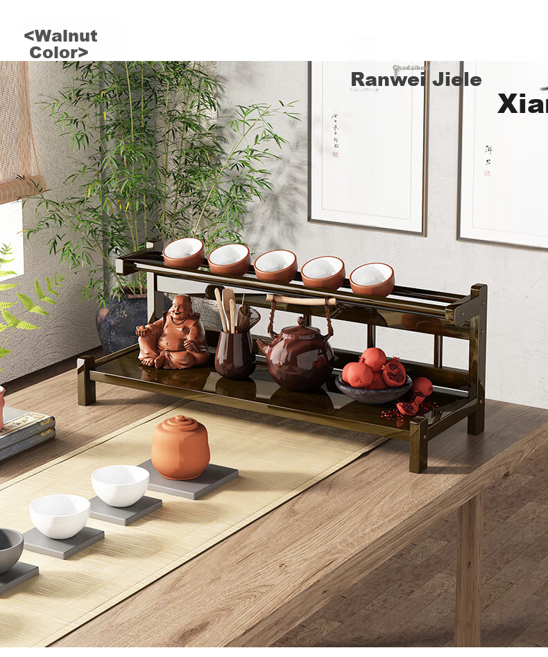 Wo Jia Tea Set Storage Rack Desktop Small Antique Display Shelf Tea Table Tea Cabinet Tea Rack Tea Leaf and Tea Cup Holder Organizer 13