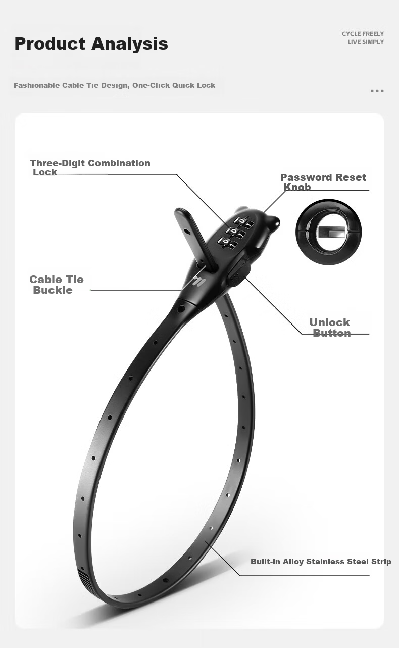Xiqizhe Bicycle Cable Lock Motorcycle Helmet Lock Electric Vehicle Password Anti-theft Portable Steel Wire Lock 3