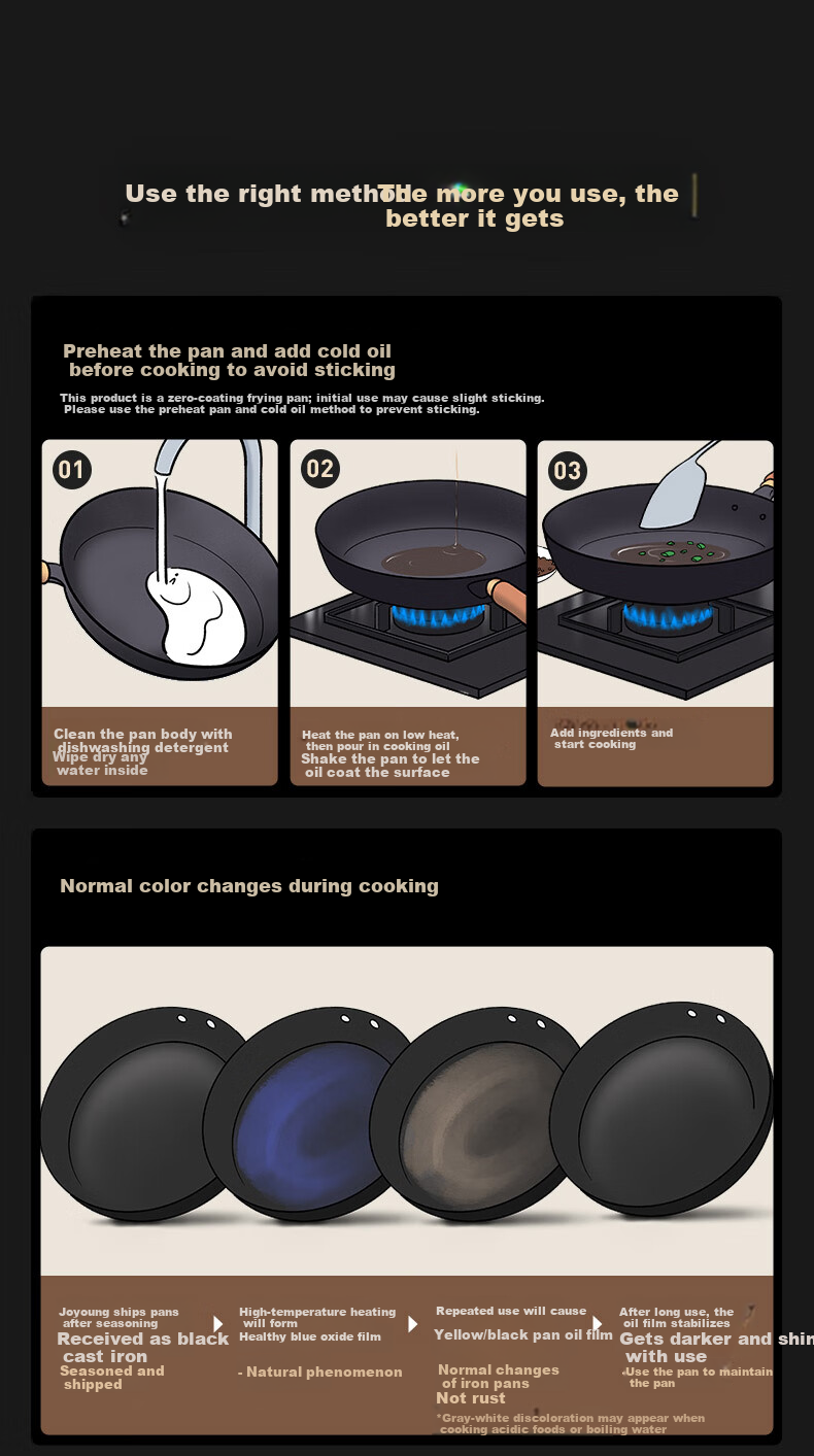 Joyoung 24cm Cast Iron Non-Stick Frying Pan Skillet Steak Breakfast Pan 15