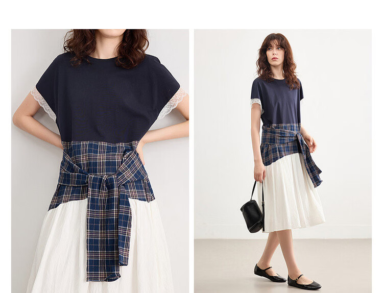 Demana Soft Cloud Oxygen Cotton Summer Korean Style Plaid Patchwork Lace Trim Elegant A-Line Mid-Length Dress for Women 7