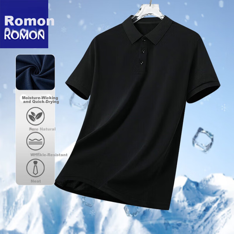 ROMON Men's Short Sleeve Polo Shirt Summer Ice Silk Business Polo Navy Blue XL