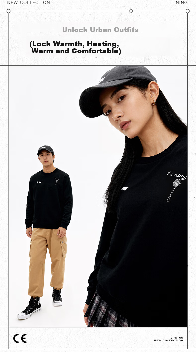 LI-NING Unisex Badminton Sweatshirt Autumn Winter Crewneck Fleece Lined Warm Comfortable Black XL 6