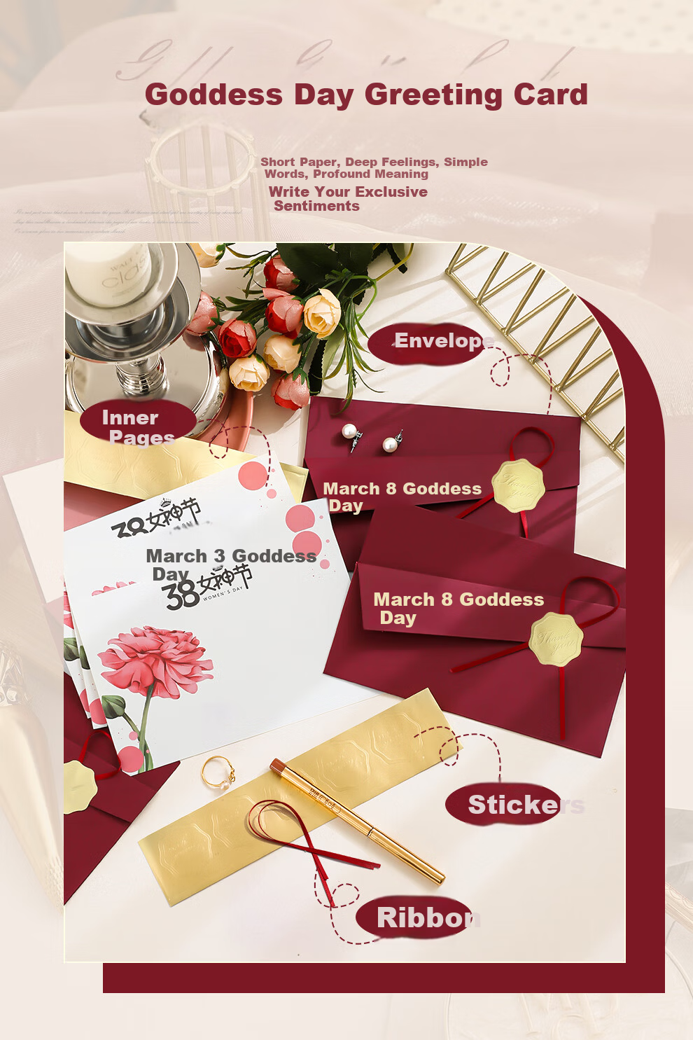Longe Women's Day Greeting Cards DIY Handwritten Gold Foil Premium 38 Festival Envelope Set (2 Pieces) 7