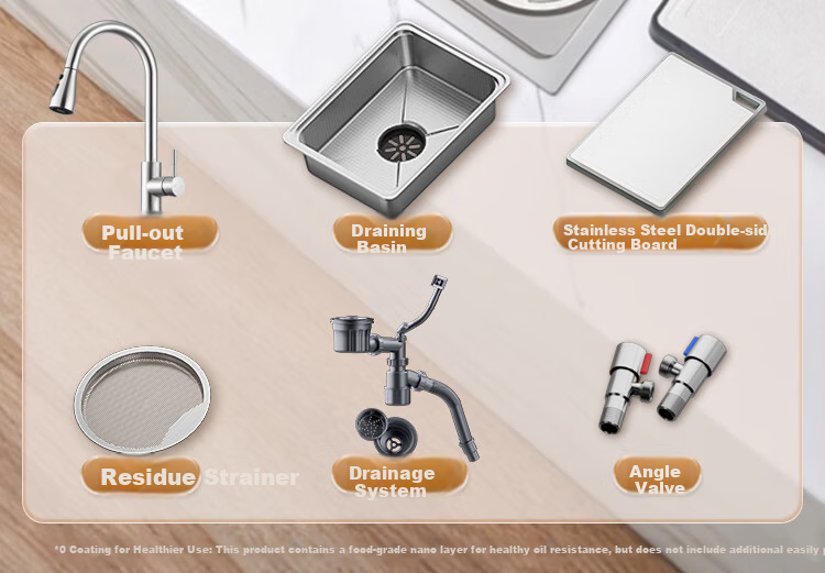 JD Premium Thickened 304 Stainless Steel Grain Texture Nano Kitchen Sink Single Basin 76*46 with Faucet 2