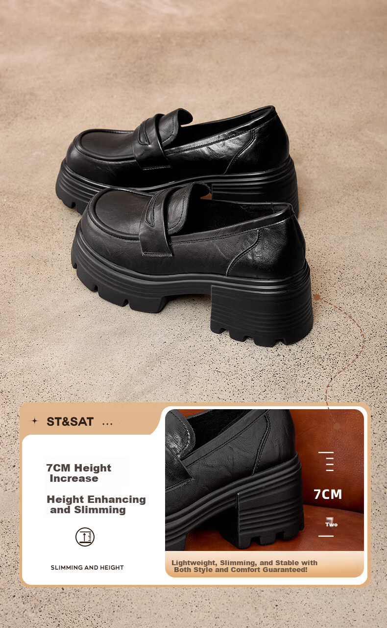 Saturday Thick Sole Loafers Women 2026 New Spring Slip-On Soft Sole Comfortable Black Height Increasing British Style Small Leather Shoes 3
