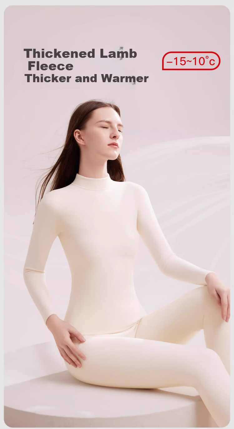 LangSha Women's Thermal Underwear Set Fleece Lined Thickened Winter Lamb Wool Heat Retaining High Neck Top and Bottom Pajamas 1