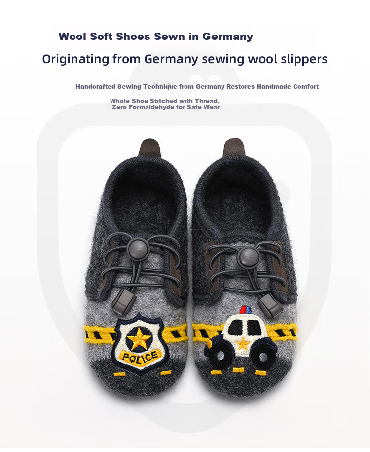 Xiaorong Lace-up Police Car Shoes for Boys Ages 2-8, Children's Indoor Shoes, Wool Warmth, Soft Sole, Non-slip, Easy to Wear, Spring Autumn Winter 5