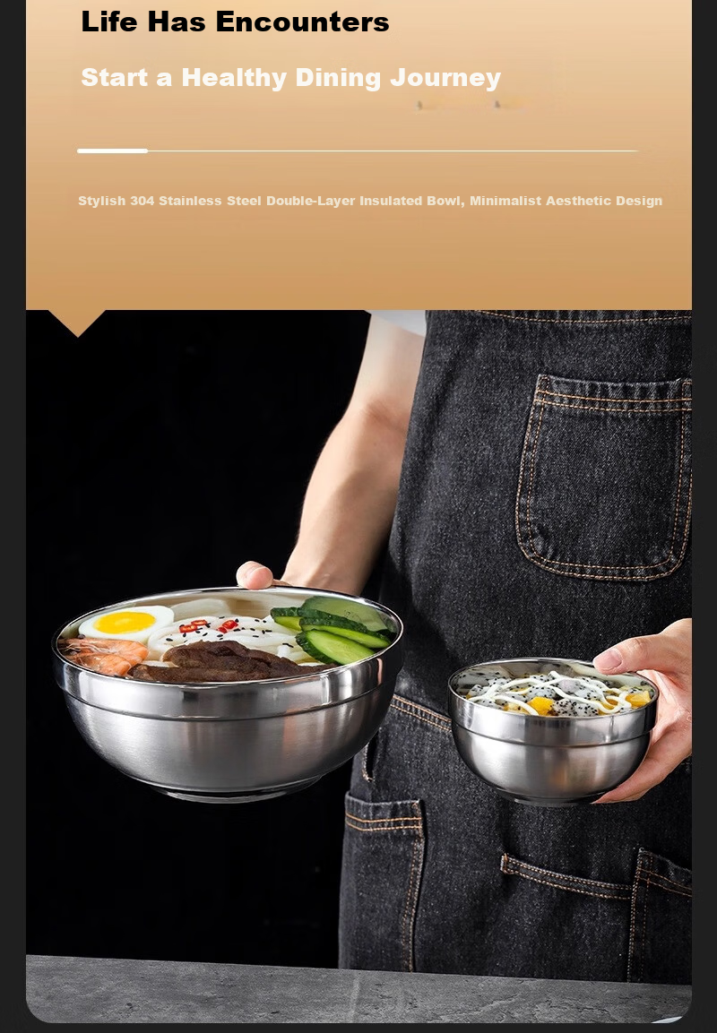 Shanyu Fu 304 Stainless Steel Bowl 12cm Double-Layer Thickened Insulated Soup and Rice Bowl Durable and Drop-Resistant Student Bowl 8