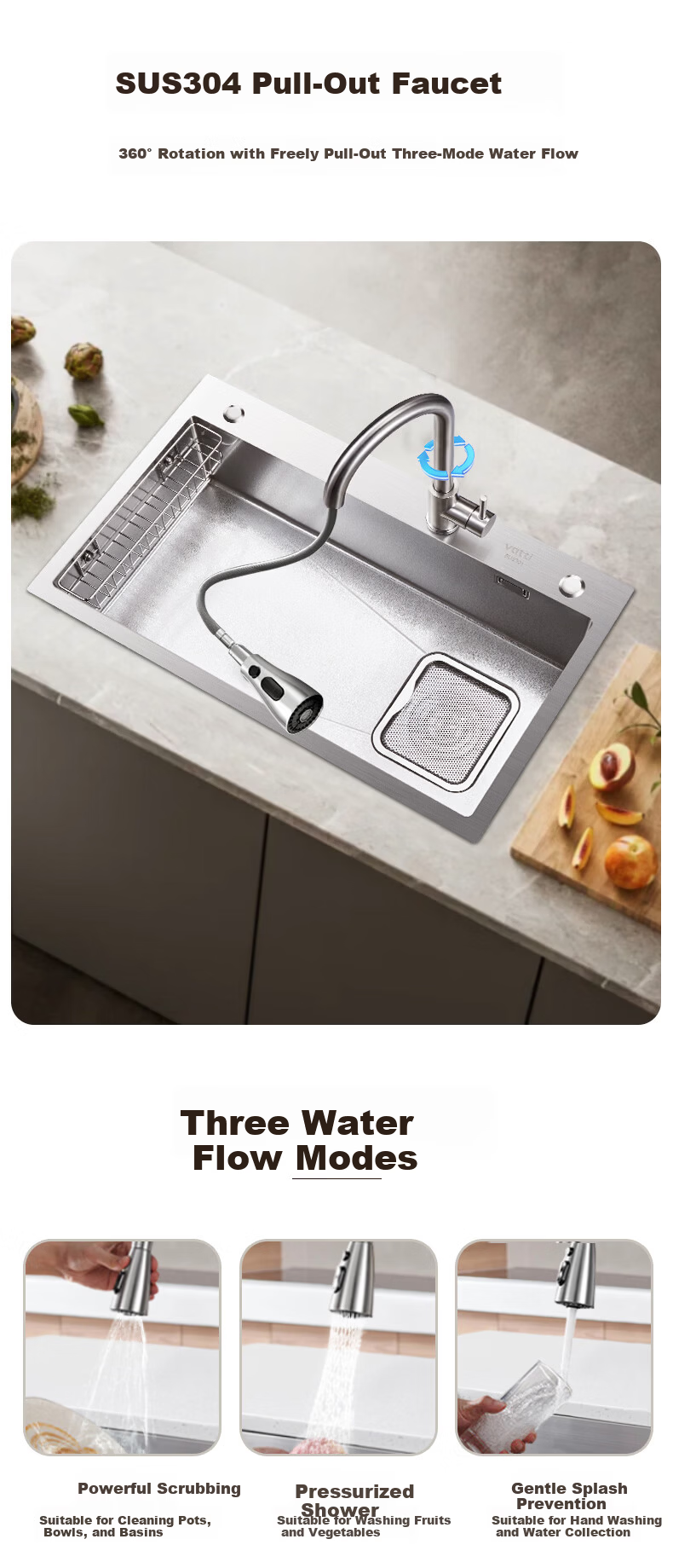 VATTI Kitchen Sink S3Pro Large Single Bowl Integrated Basin Dishwasher Sink Countertop Mid-Bottom Installation 304 Stainless Steel 15
