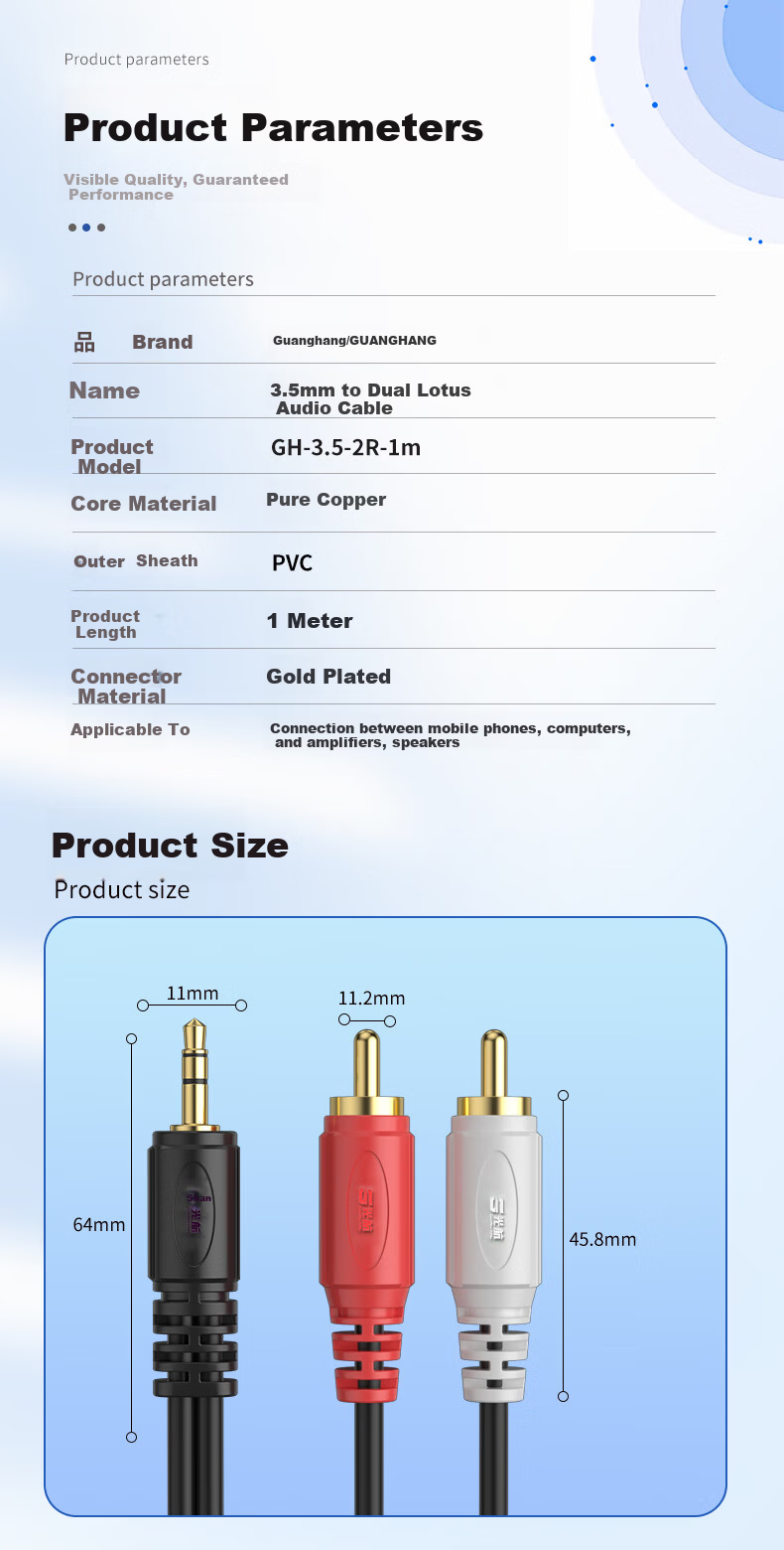 Guanghang Audiophile 3.5mm to Dual RCA Audio Cable, Stereo Splitter, 1 Meter GH-3.5-2R-1m 8